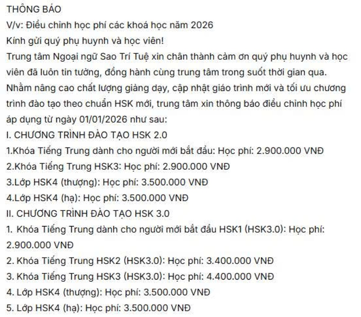 THÔNG BÁO VỀ VIỆC THAY ĐỔI HỌC PHÍ