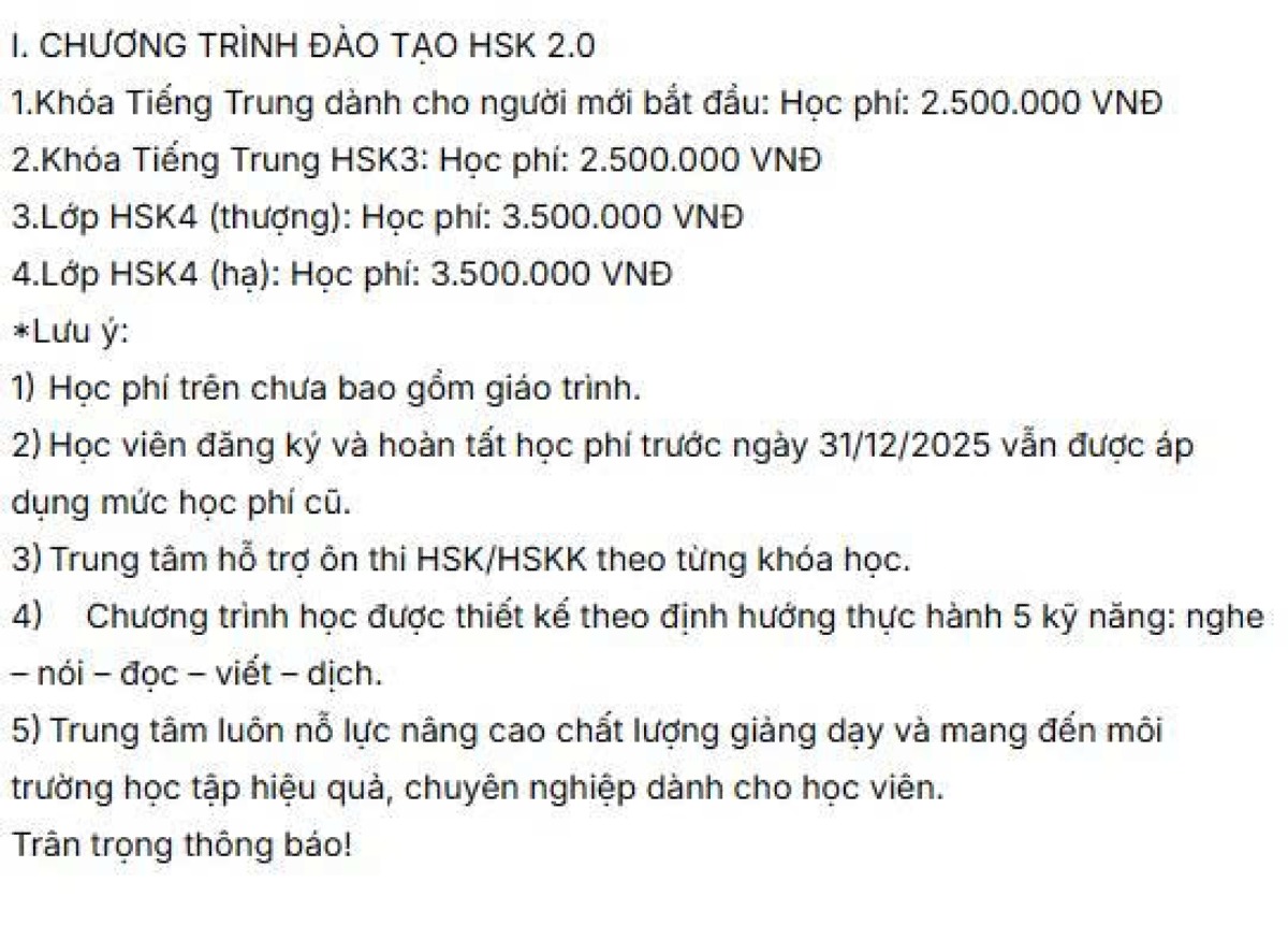 THÔNG BÁO V/v: Thu học phí các khoá học năm 2025