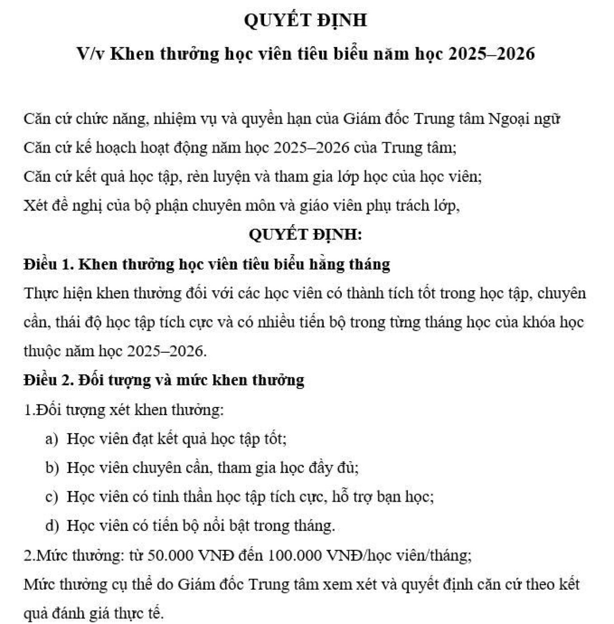 QUYẾT ĐỊNH V/v Khen thưởng học viên tiêu biểu năm học 2025–2026