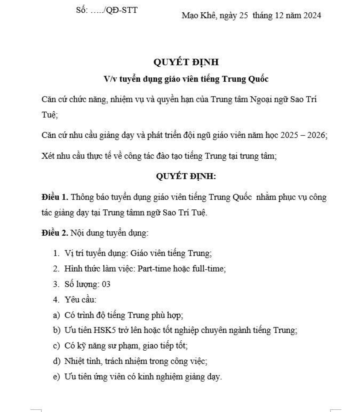 QUYẾT ĐỊNH V/v tuyển dụng giáo viên tiếng Trung Quốc